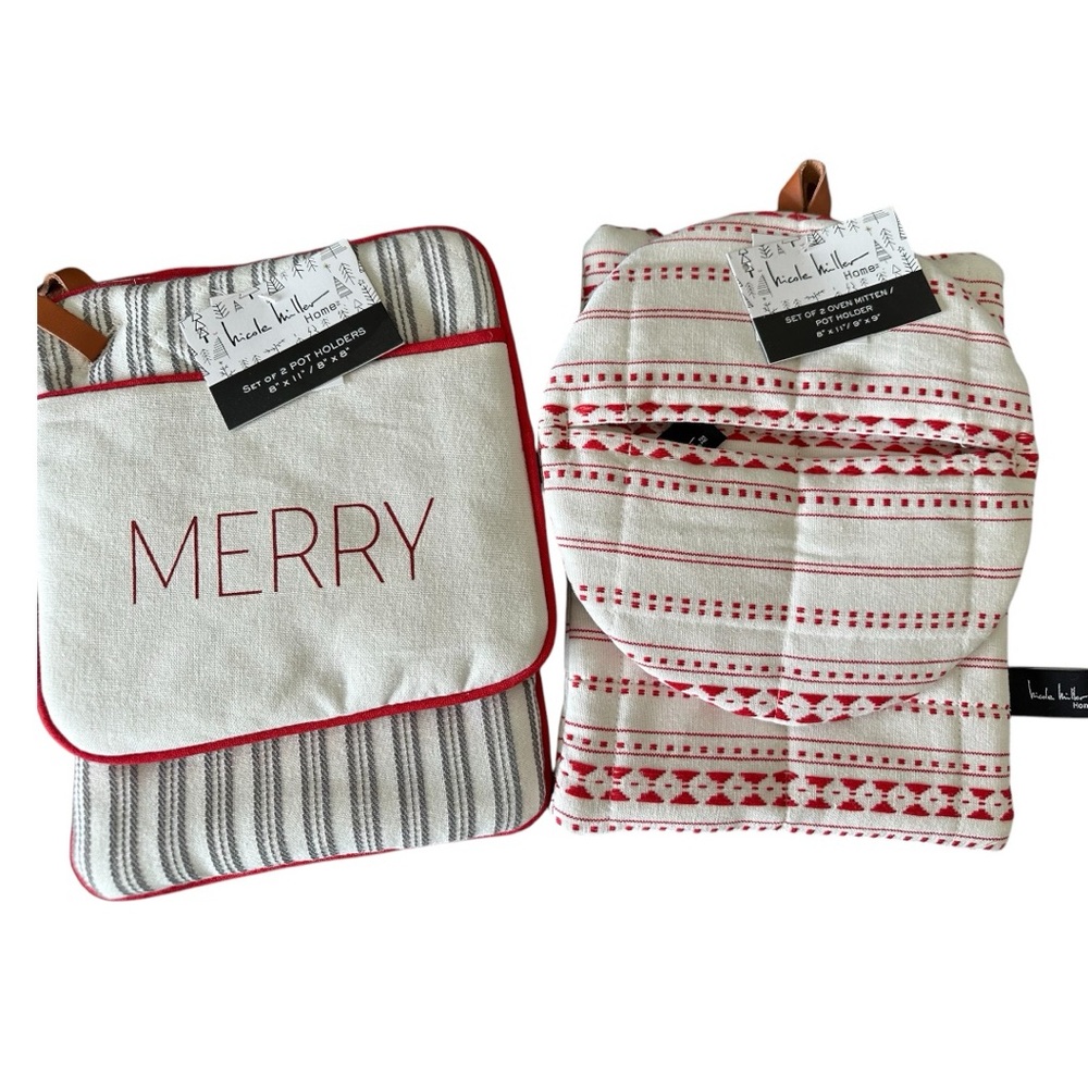 NWT 2 Set - Nicole Miller Potholders and Oven Mitt Festive Red White Pot Holders